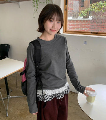 Hentoy Brushed Check Frill Layered Long Sleeve Tee